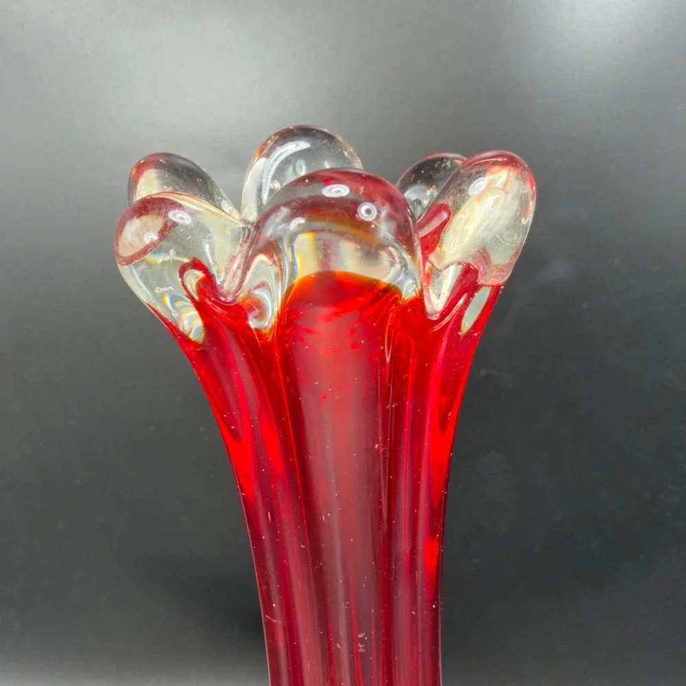 Vintage Ruby Red Swung Glass Bud Vase Ruffled Finger Rim Mid Century Modern‎ VTG